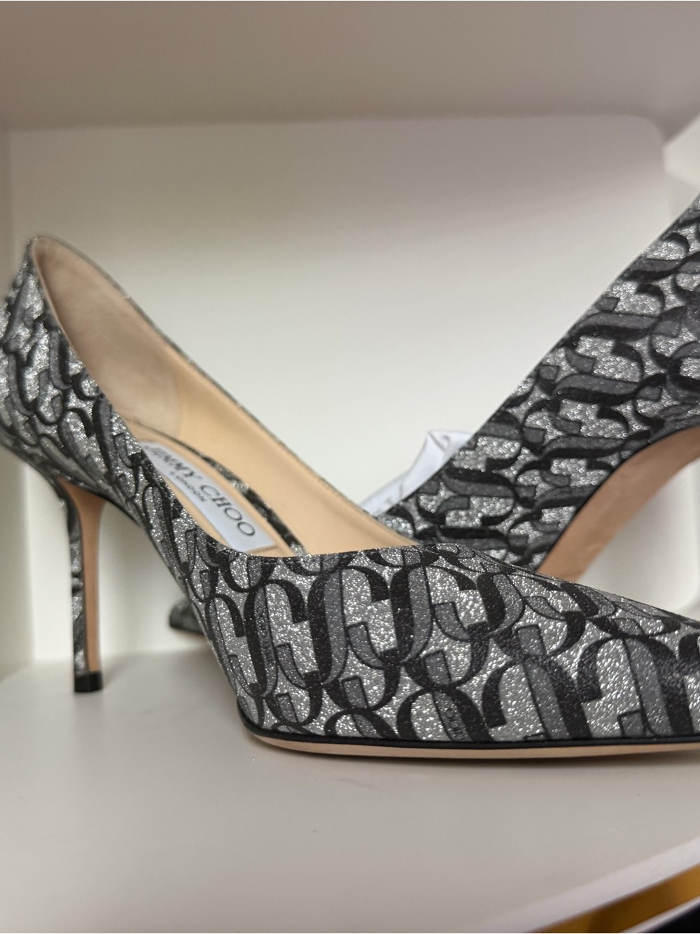 Jimmy Choo Silver Glitter Monogram Pointed Toe Pumps